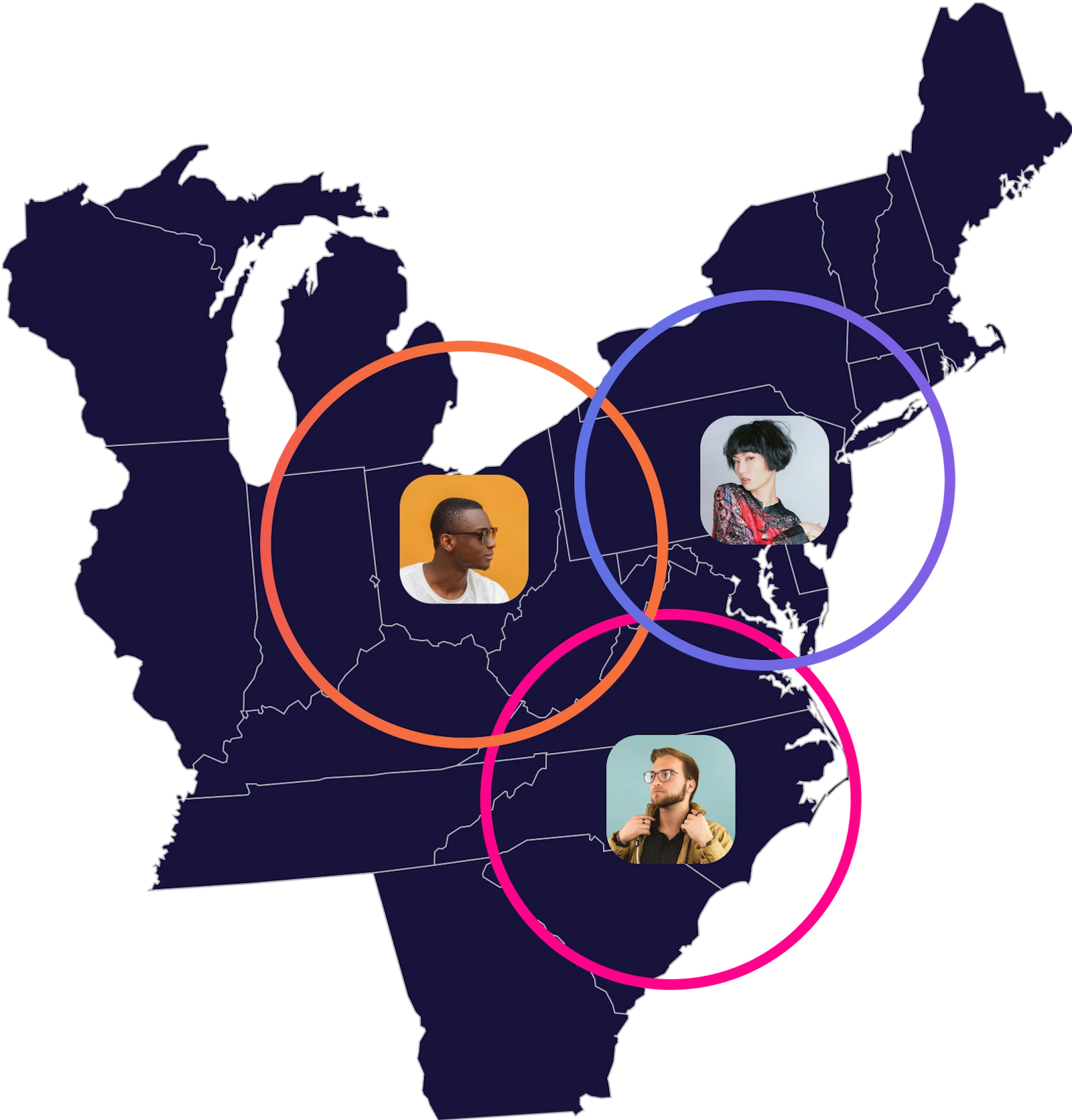 Visualization of BoogieBoard's GeoAware™ feature creating hybrid account lists and territories, balancing coverage while minimizing rep-to-account distances.