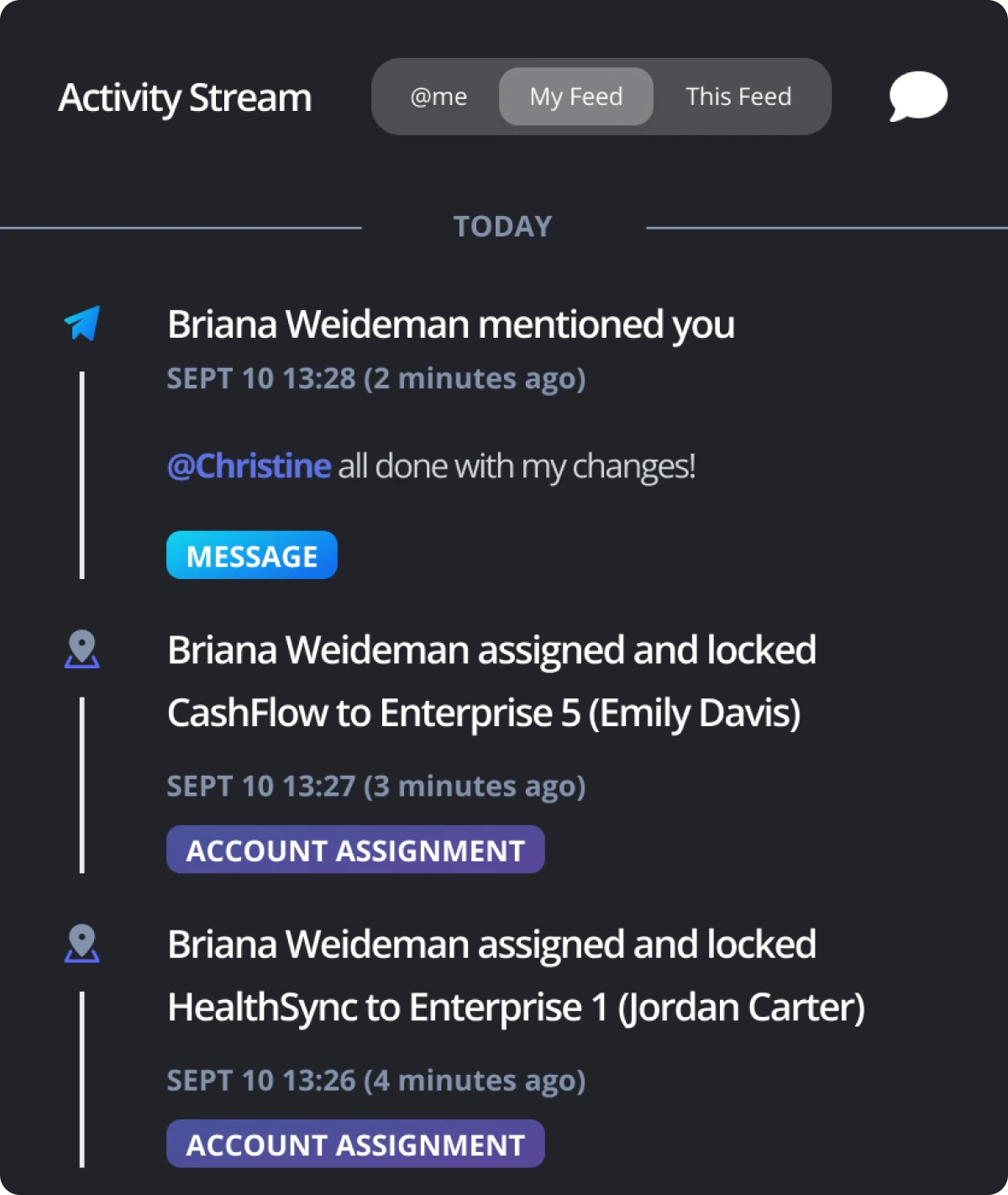 Screenshot of BoogieBoard activity stream showcasing user collaboration on territory design scenarios.