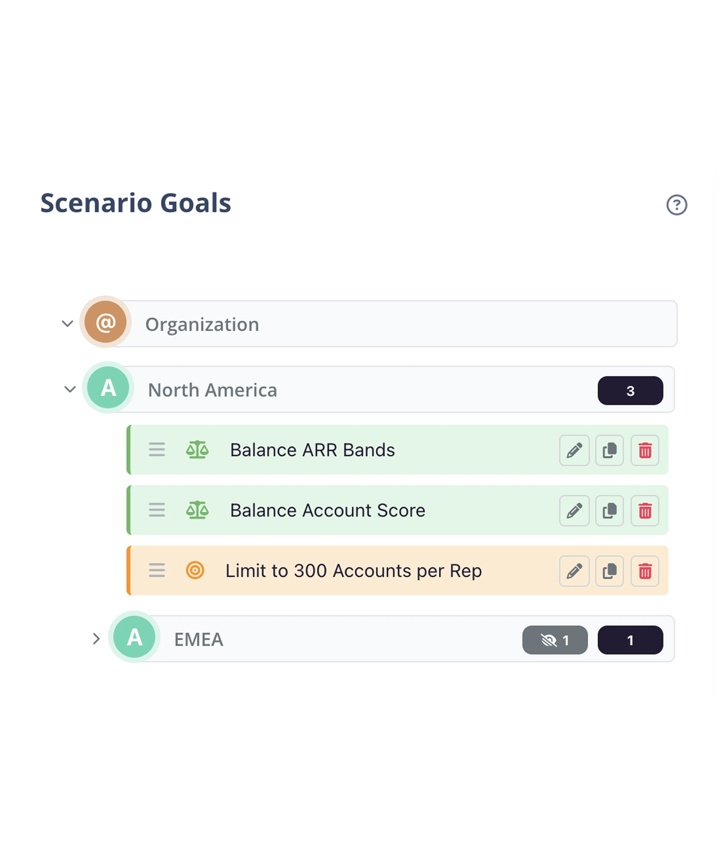Screenshot from BoogieBoard showcasing the tool for setting and building sales territory balancing goals.