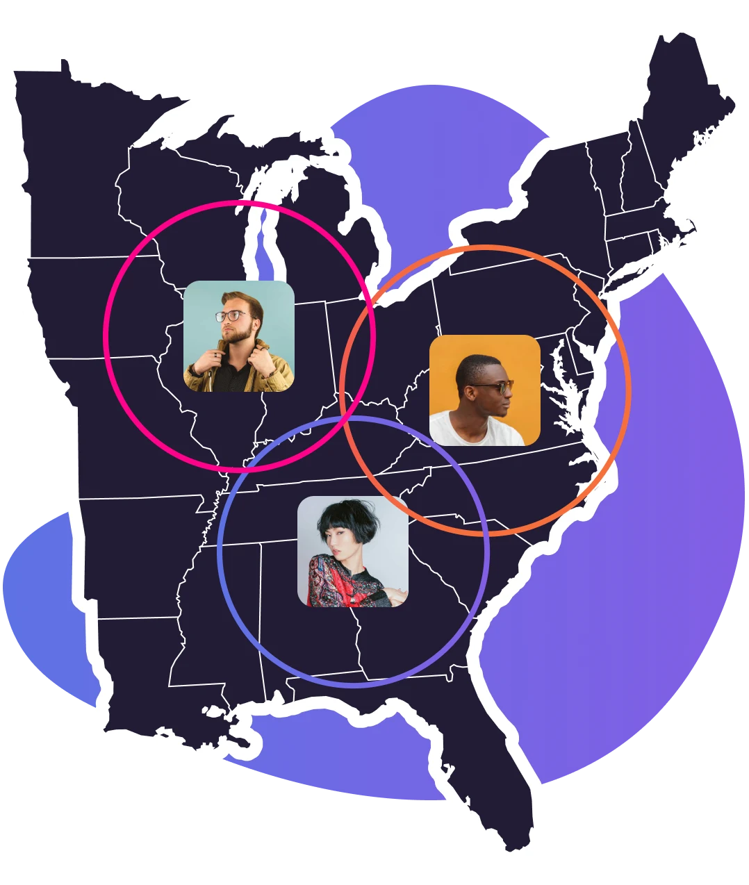 Visualization of BoogieBoards GeoAware™ feature creating hybrid account lists and territories, balancing coverage while minimizing rep-to-account distances.