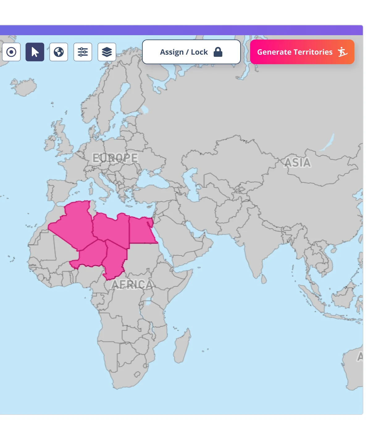 Screenshot of BoogieBoard map showing territory coverage and account locations across Africa and Europe, with options for overlaying heat maps from US Census or custom data sources.