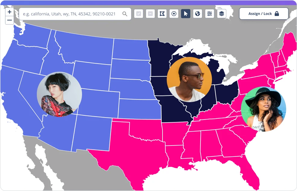 Sales territory map showing regional divisions for representatives before optimization to make territories more equitable