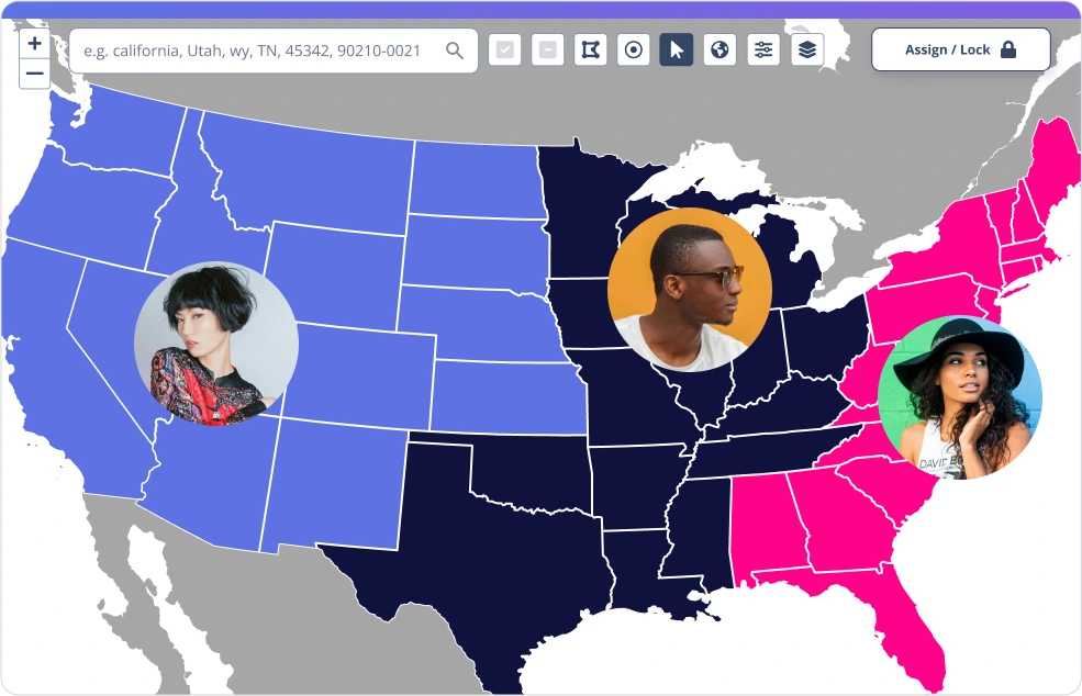 Sales territory map showing optimized regional divisions after using BoogieBoard AI to create more balanced and equitable territories