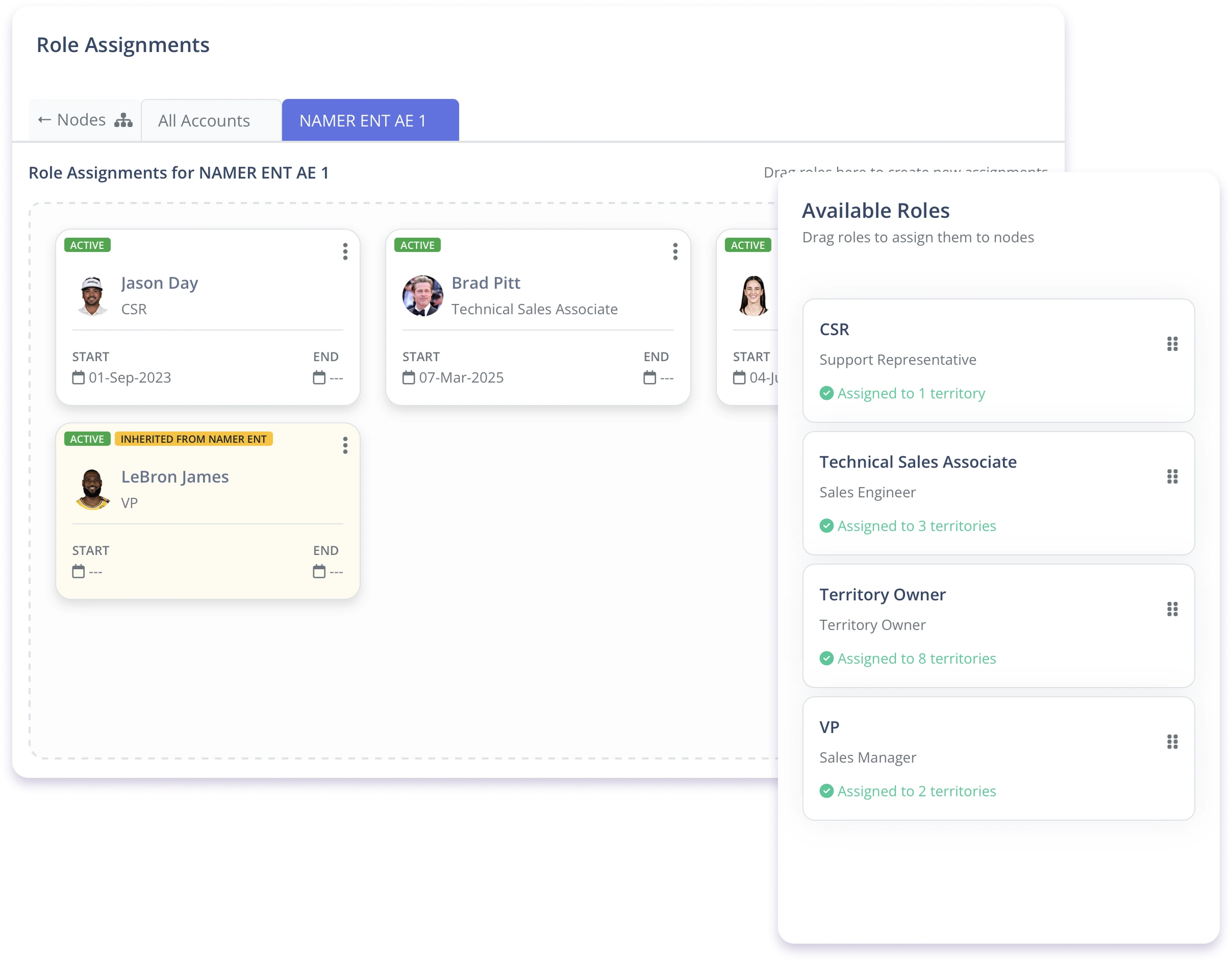 BoogieBoard CRM sync and role overlay management interface showing territory assignments, role definitions, and automated sync rules for clean, conflict-free territory data management