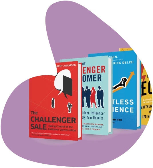 Collection of business books published by Challenger Inc including The Challenger Sale bestseller, demonstrating their sales methodology expertise and successful partnership with BoogieBoard for territory optimization