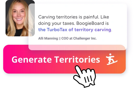 Alli Manning, smiling, with the quote: 'Carving territories is painful. Like doing your taxes. BoogieBoard is the TurboTax of territory carving.' Below, a large ‘Generate Territories’ button with a poised finger, symbolizing simplicity and ease of use.