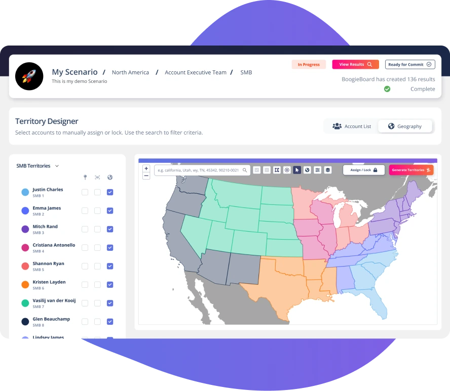BoogieBoard GeoAware mapping interface displaying account lists and geographic territories with advanced clustering technology for balanced territory design and geographical consistency