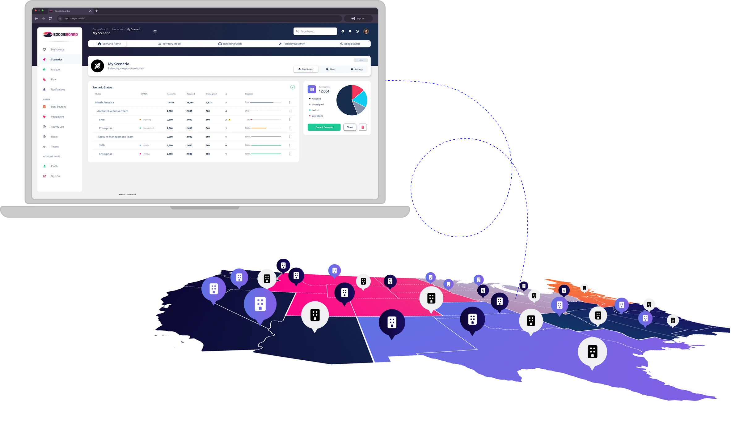 BoogieBoard territory monitoring dashboard interface showing real-time territory changes, account assignments, and historical territory tracking with full visibility and control for territory managers