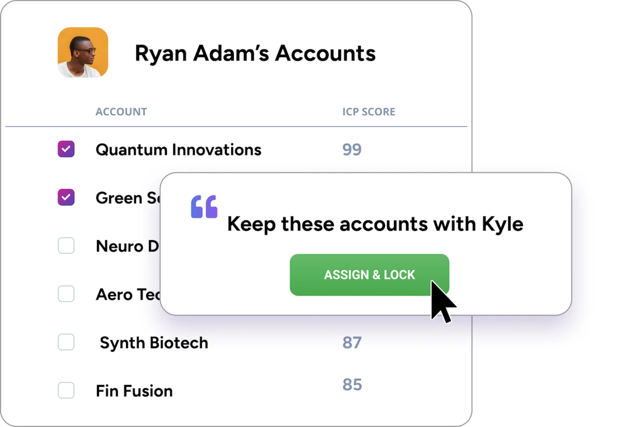 Visualization of sales rep Ryan’s accounts in BoogieBoard, showing two selected accounts with a comment, ‘Keep these accounts with Kyle,’ illustrating collaborative adjustments to the algorithm’s proposed territory changes.