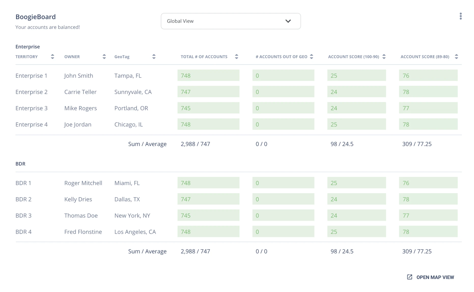 Screenshot of BoogieBoard’s territory summary screen displaying all green cells, indicating perfectly balanced territories and equitable distribution of accounts across sales representatives.