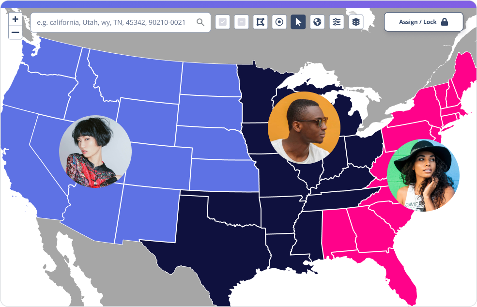 Sales territory map showing regional divisions for representatives after carving and making more equitable